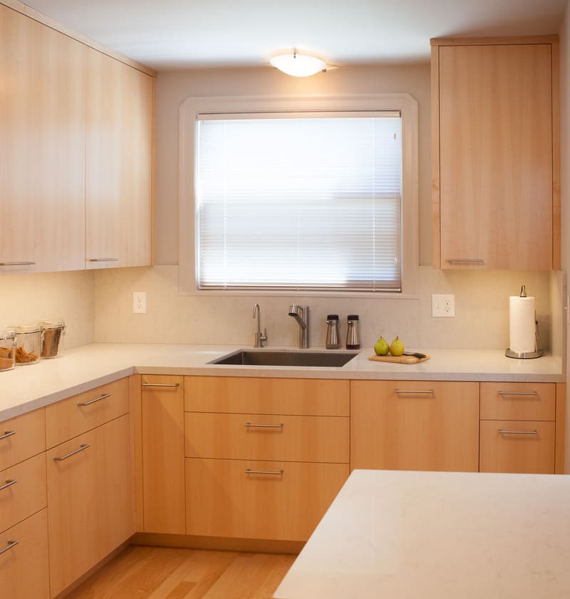 Shaker style cabinets vs flat panel: Flat panel cabinets with a smooth surface that is easy to clean and maintain in a high-traffic kitchen.