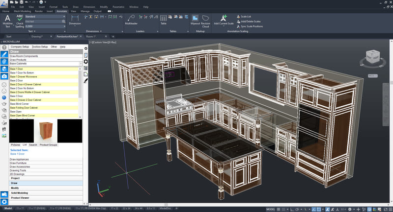 Kitchen layout planning with CAD software, illustrating depth variations and optimal cabinet placement