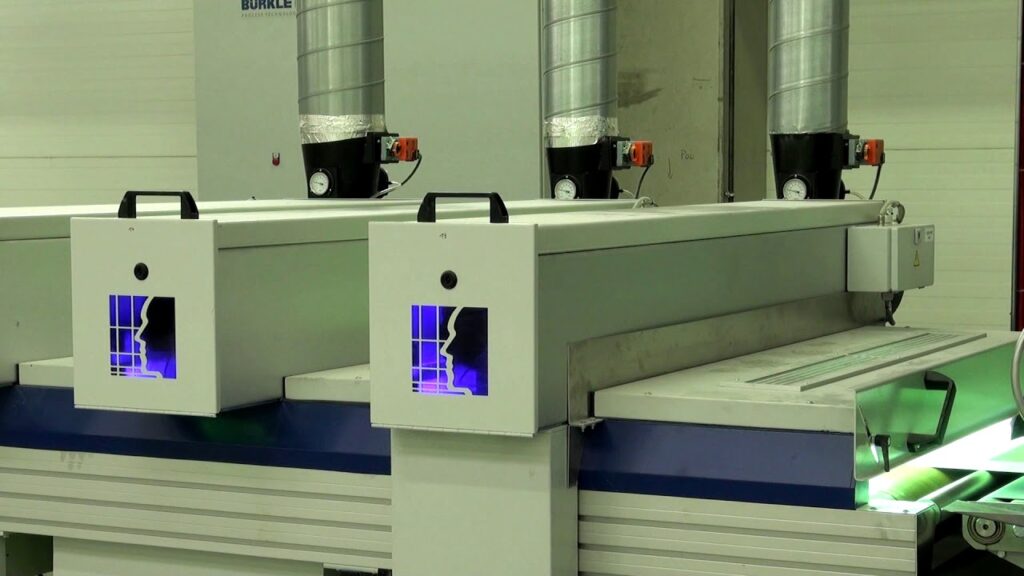 UV finishing line applying durable coatings on cabinet doors