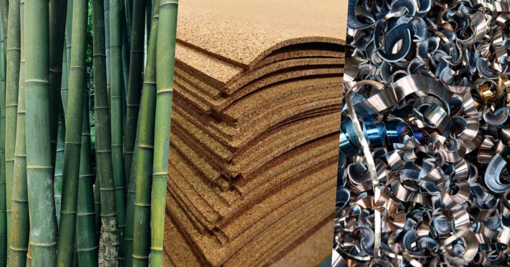 A collage showcasing sustainable materials for furniture including bamboo, reclaimed wood, and recycled metal