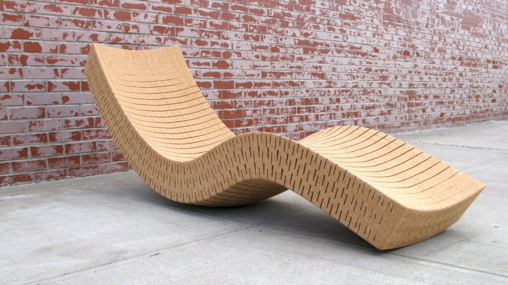 Cork material in furniture manufacturing, valued for its renewability and acoustic properties