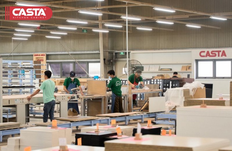 Photo of Casta’s factory showcasing European manufacturing standards in wholesale cabinet production