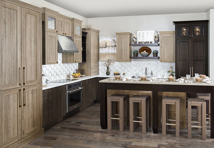 Wellborn’s hardwood cabinets in a luxury kitchen setup, showcasing premium craftsmanship