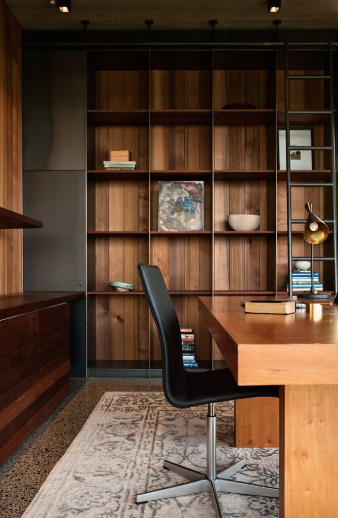 Industrial wood file cabinets in a contemporary office, illustrating their functionality and robust design