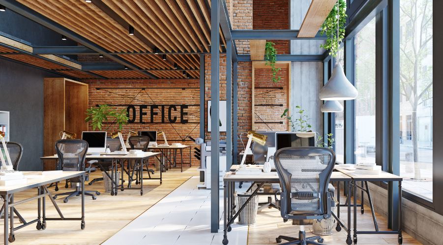Industrial wood cabinets installed in a modern office, showcasing durability and a contemporary industrial design