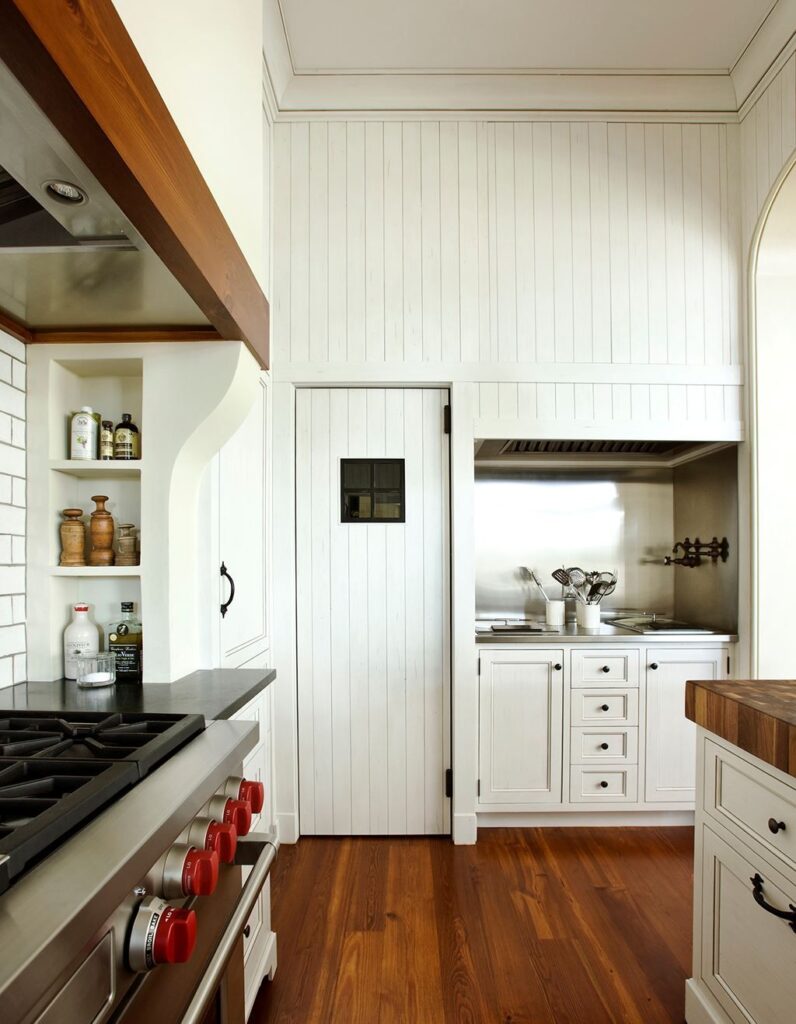 Beadboard kitchen cabinets, showing vertical ribbing